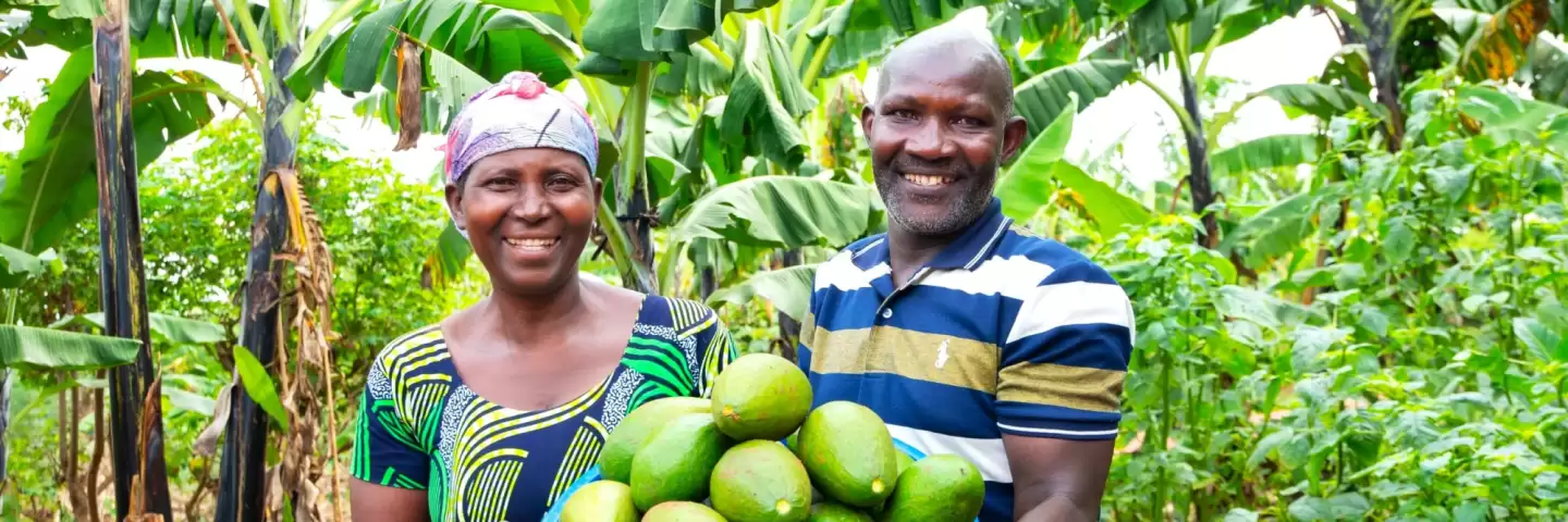 Therese and Deogratious, from Rwanda, holding a basket of avocados