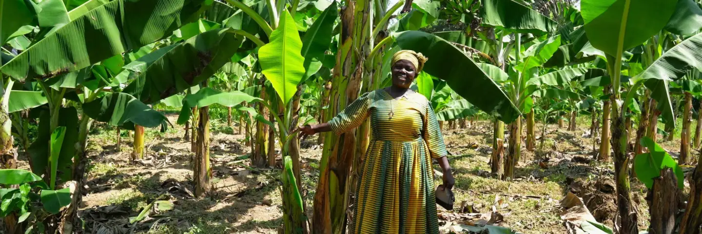 Kenyan woman showing her banana plantation