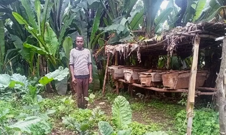 Ethiopian man standing in his field next to four homemade beehives