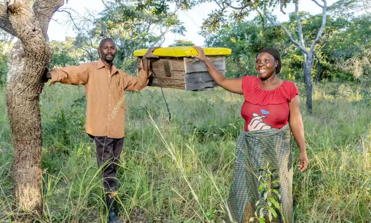 Man and woman standing on either side of their beehive (Zambia)