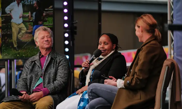 Winnie Mailu, Guy Singh-Watson and Sarah Langford, speaking at Blue Earth Summit