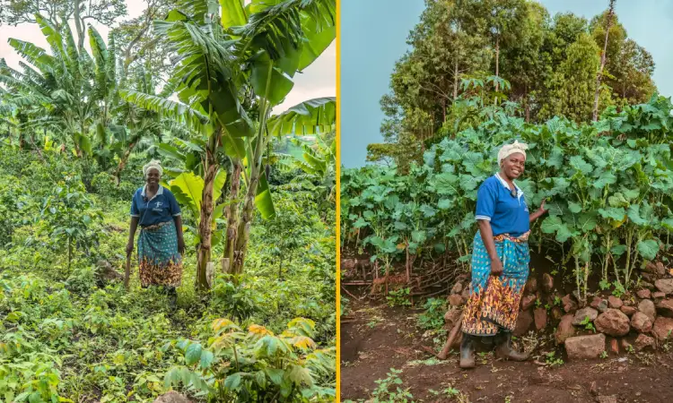 Carolyne, project participant in Kenya, showcasing agroforestry and kitchen garden techniques