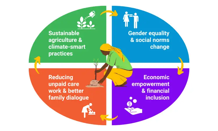 Infographic with a woman farmer in the centre, and four quarter circles with text descriptions, linked by arrows