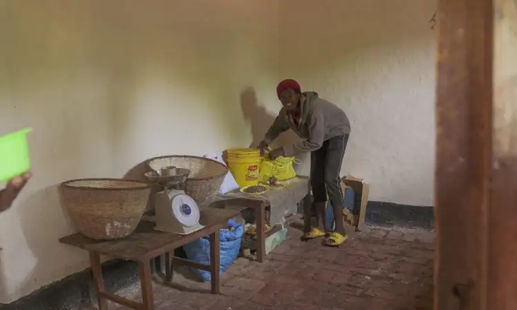 Woman at the small business she runs from her home in rural Rwanda, selling dried silverfish, cassava flour, ground nuts, and tomatoes