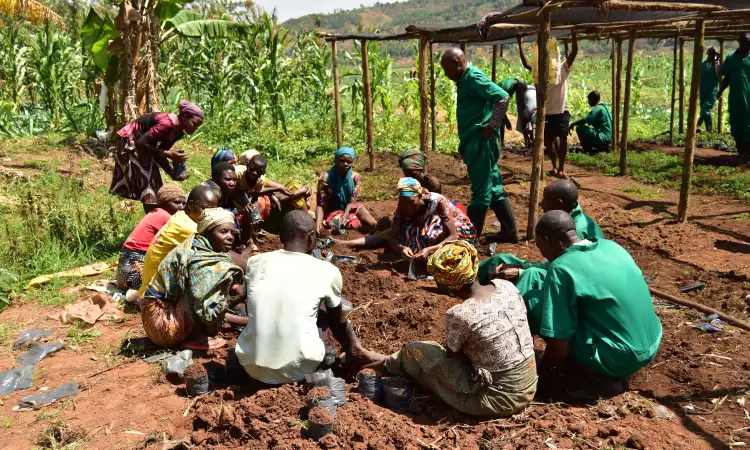 Farmers taking part in a practical training session on agroecological farming practices.