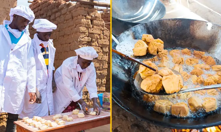 Three young people preparing mandazi, dressed in food safety clothes
