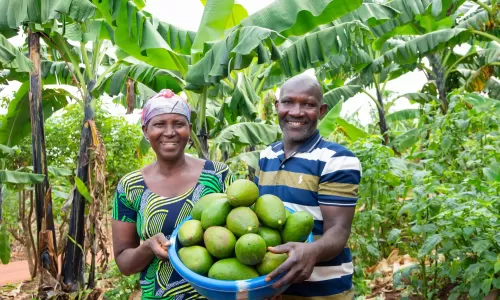 Couple from Rwanda holding a basket of fruit