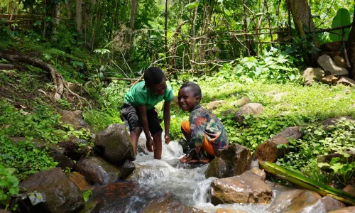 Two young Ethiopian boys, playing by a stream