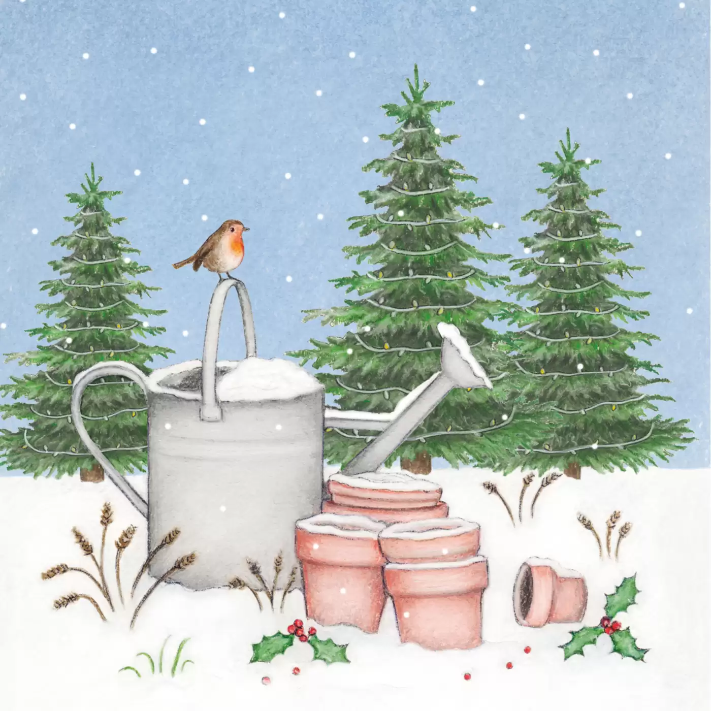 watering can robin in snow christmas card