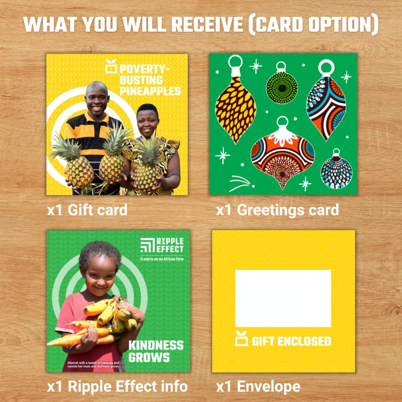 Flat lay of Ripple Effect charity gift pack