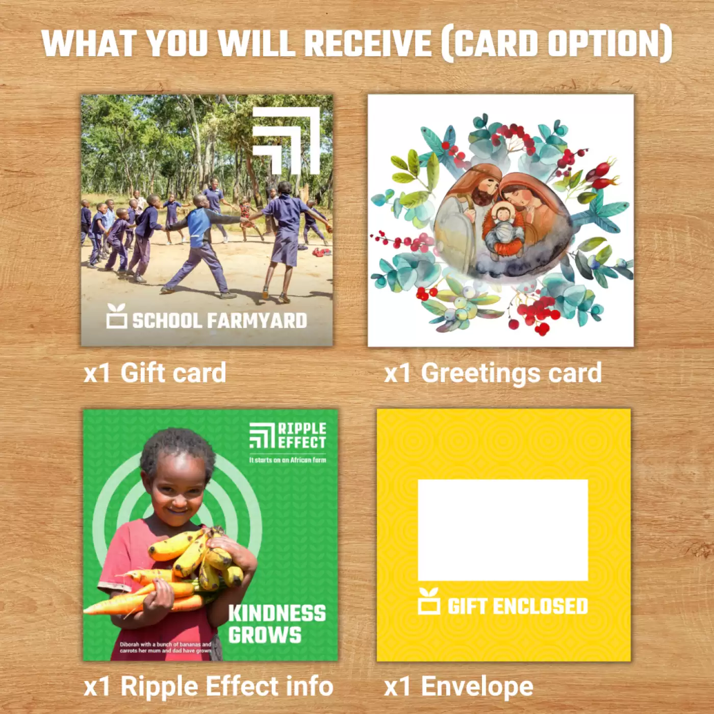Flat lay of a Ripple Effect charity gift pack