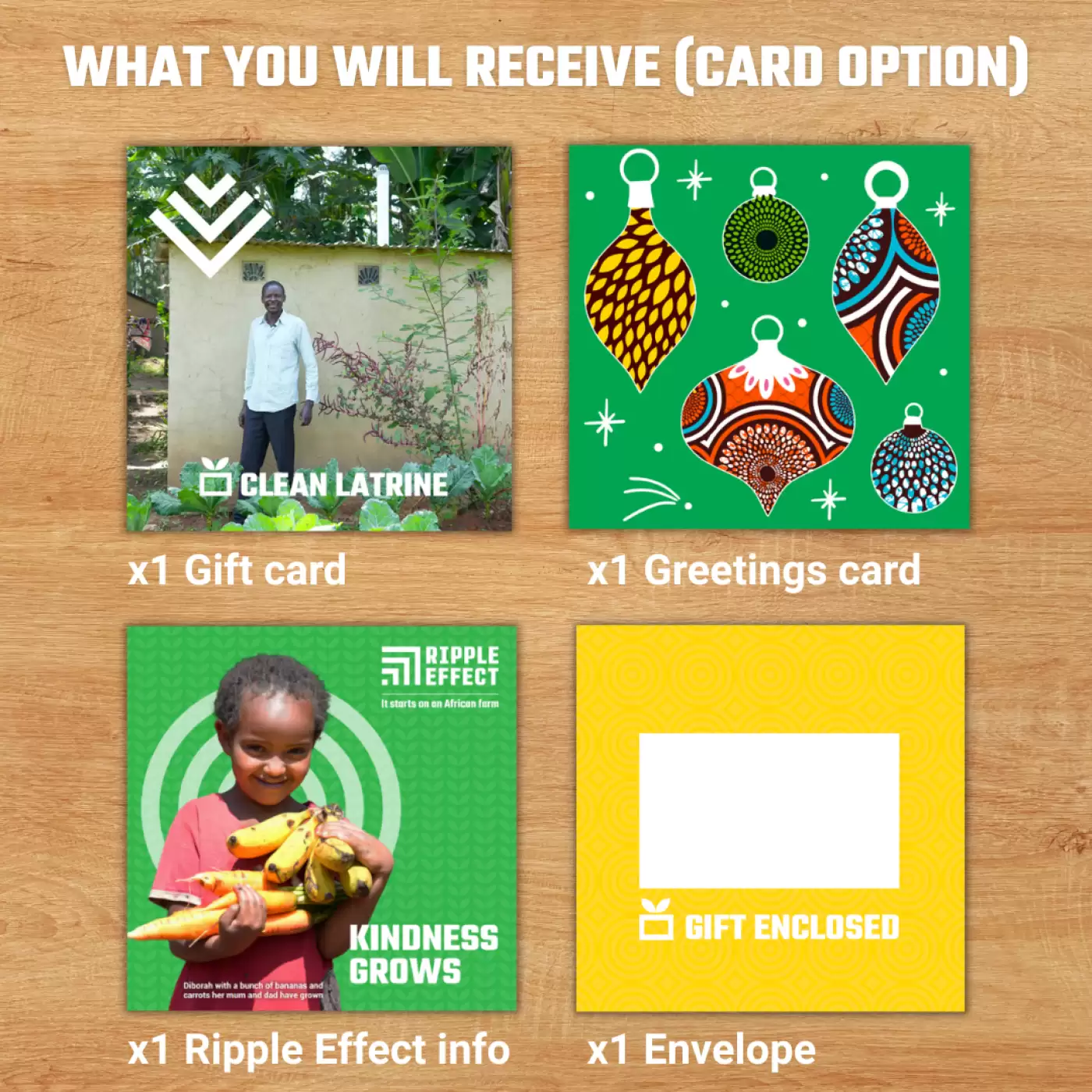 Flat lay of the Clean Latrine charity gift