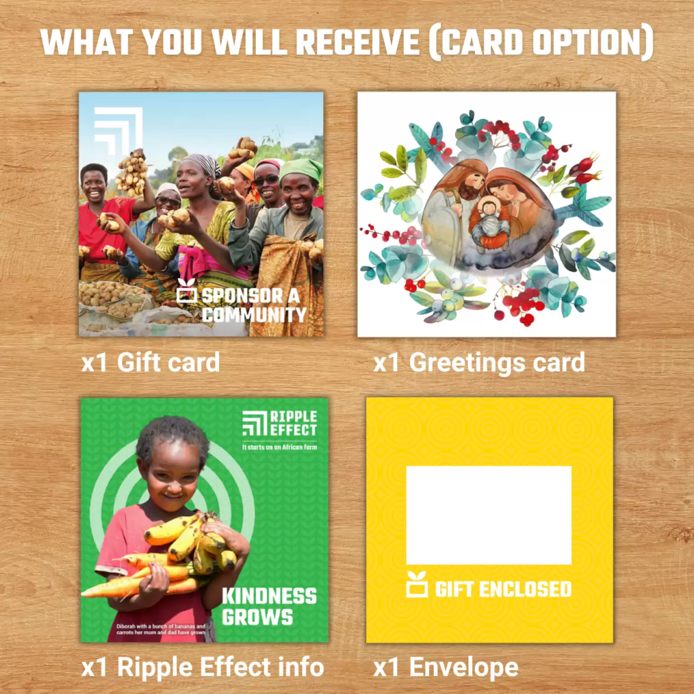 Flat lay of the Sponsor a Community charity gift pack