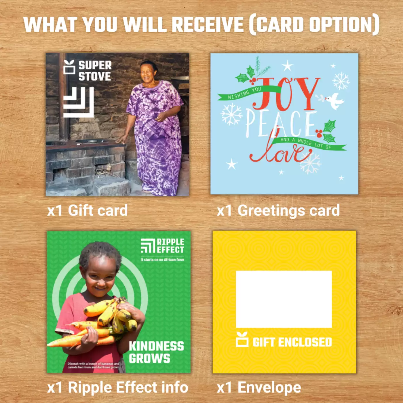 Flat lay of the Super Stove charity gift pack