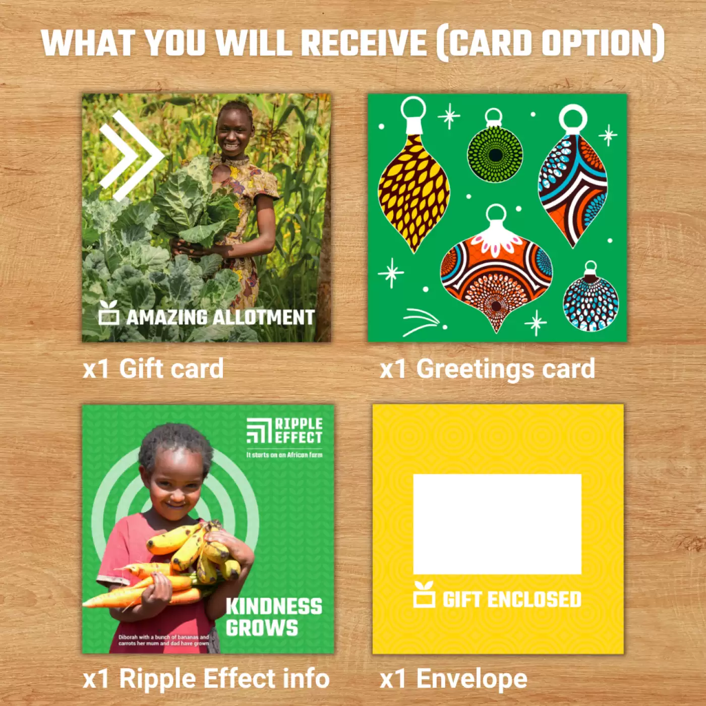 Flat lay of Ripple Effect charity gift pack