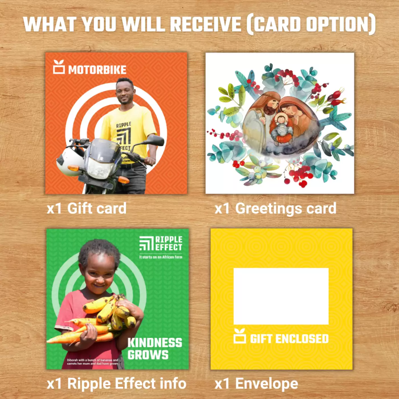 Flat lay of the motorbike charity gift pack