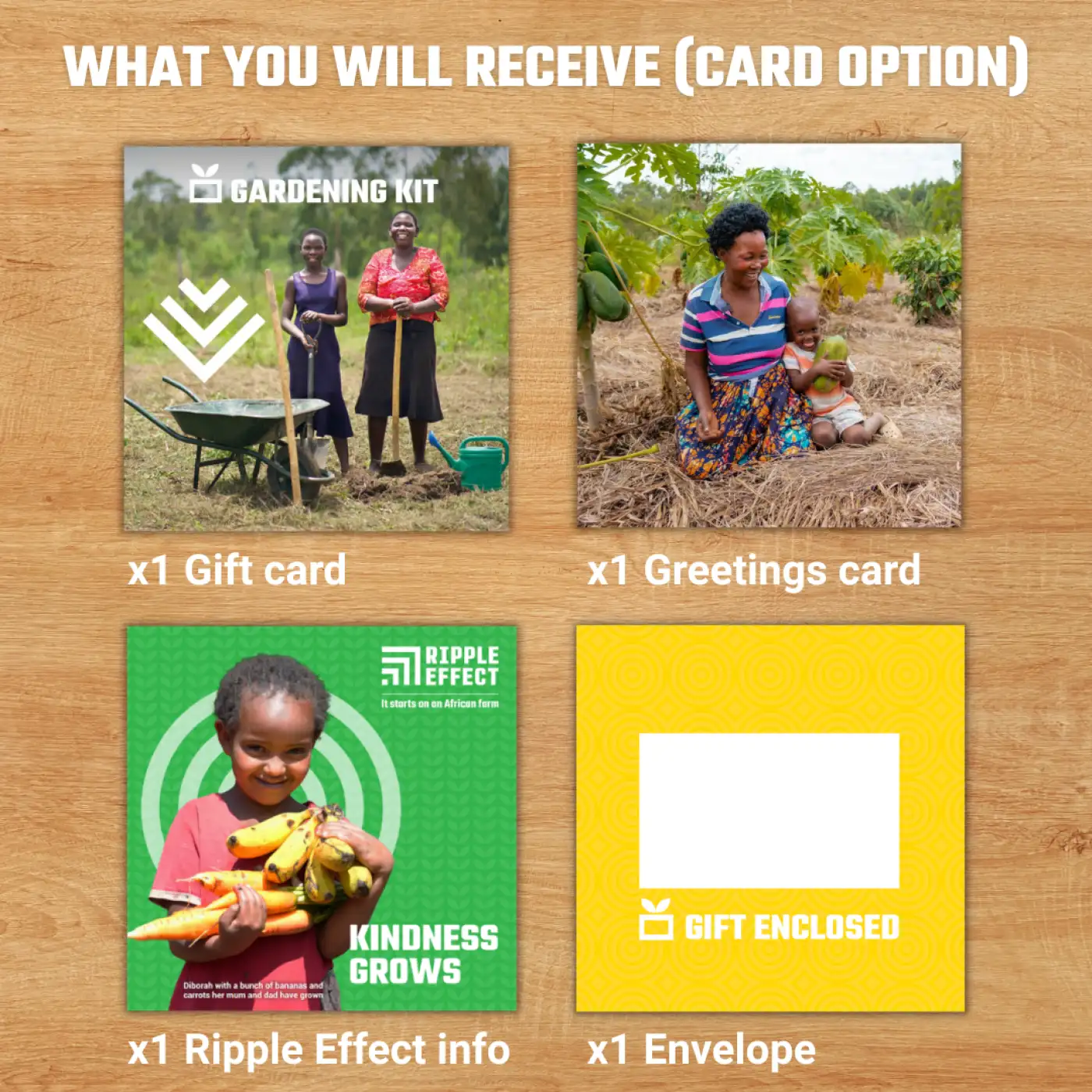 Flat lay of the Gardening Kit charity gift pack