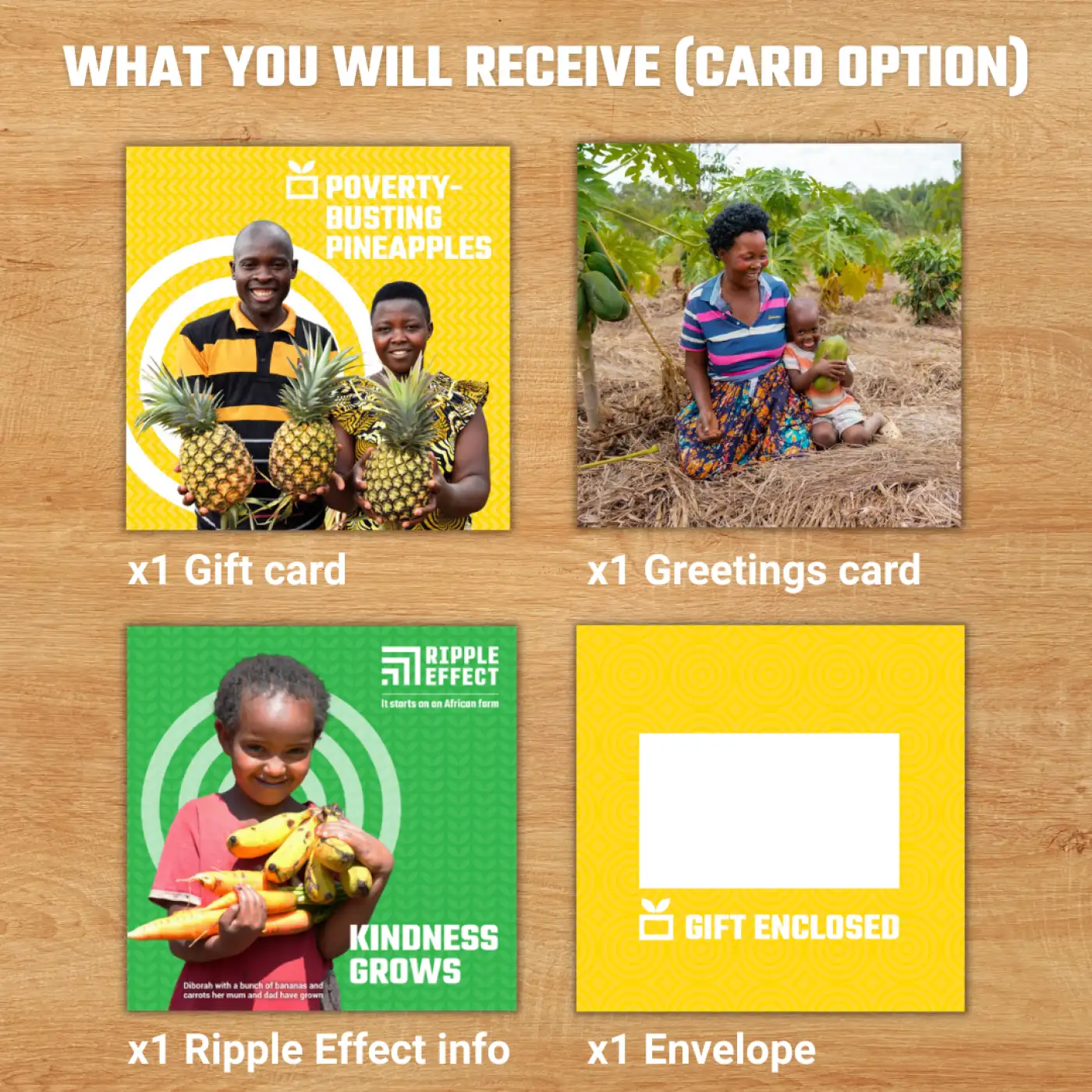 Flat lay of Ripple Effect charity gift pack