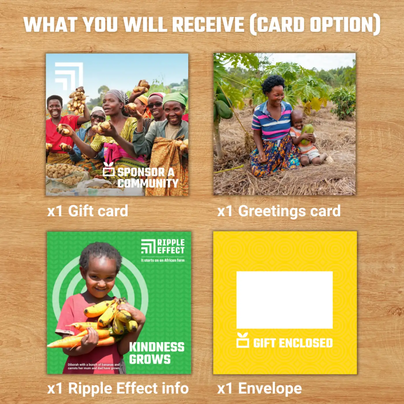 Flat lay of the Sponsor a Community charity gift pack