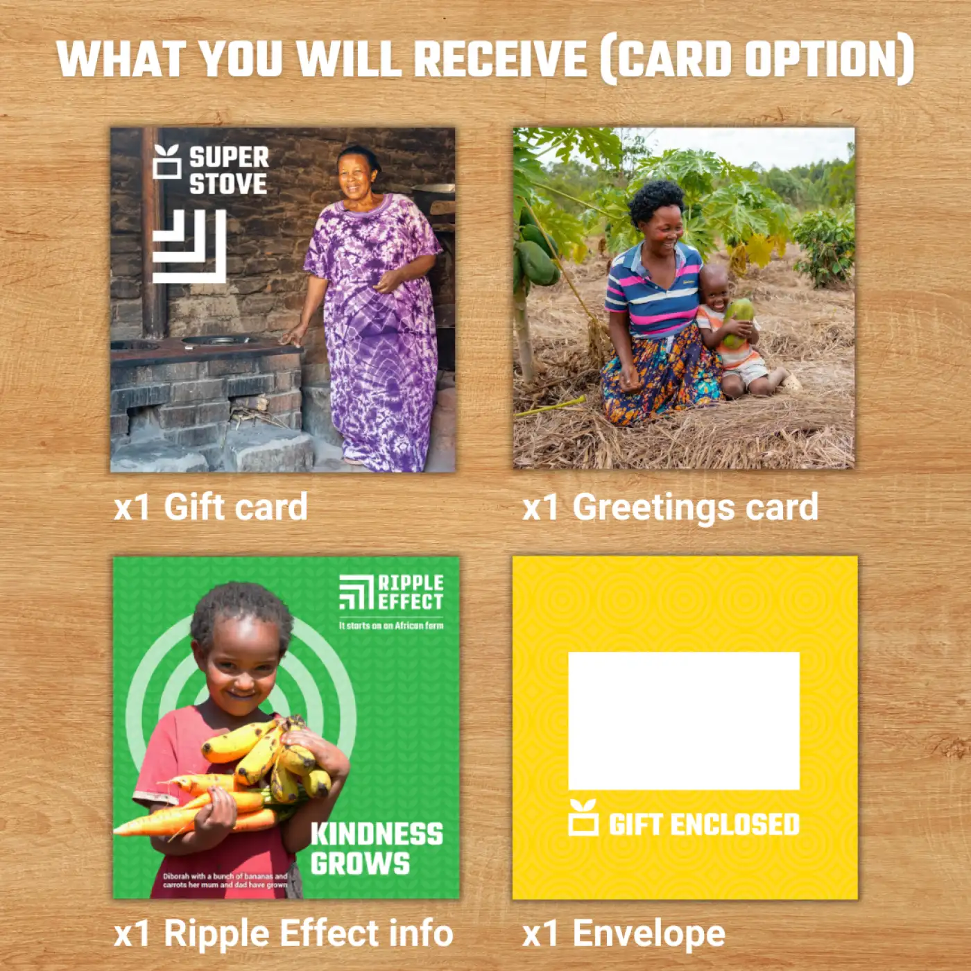 Flat lay of the Super Stove charity gift pack