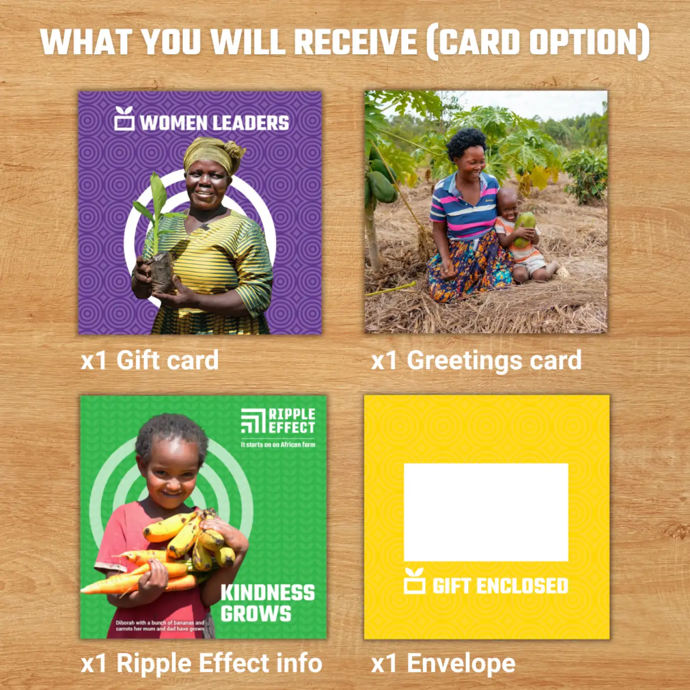 Flat lay of a Ripple Effect charity gift pack