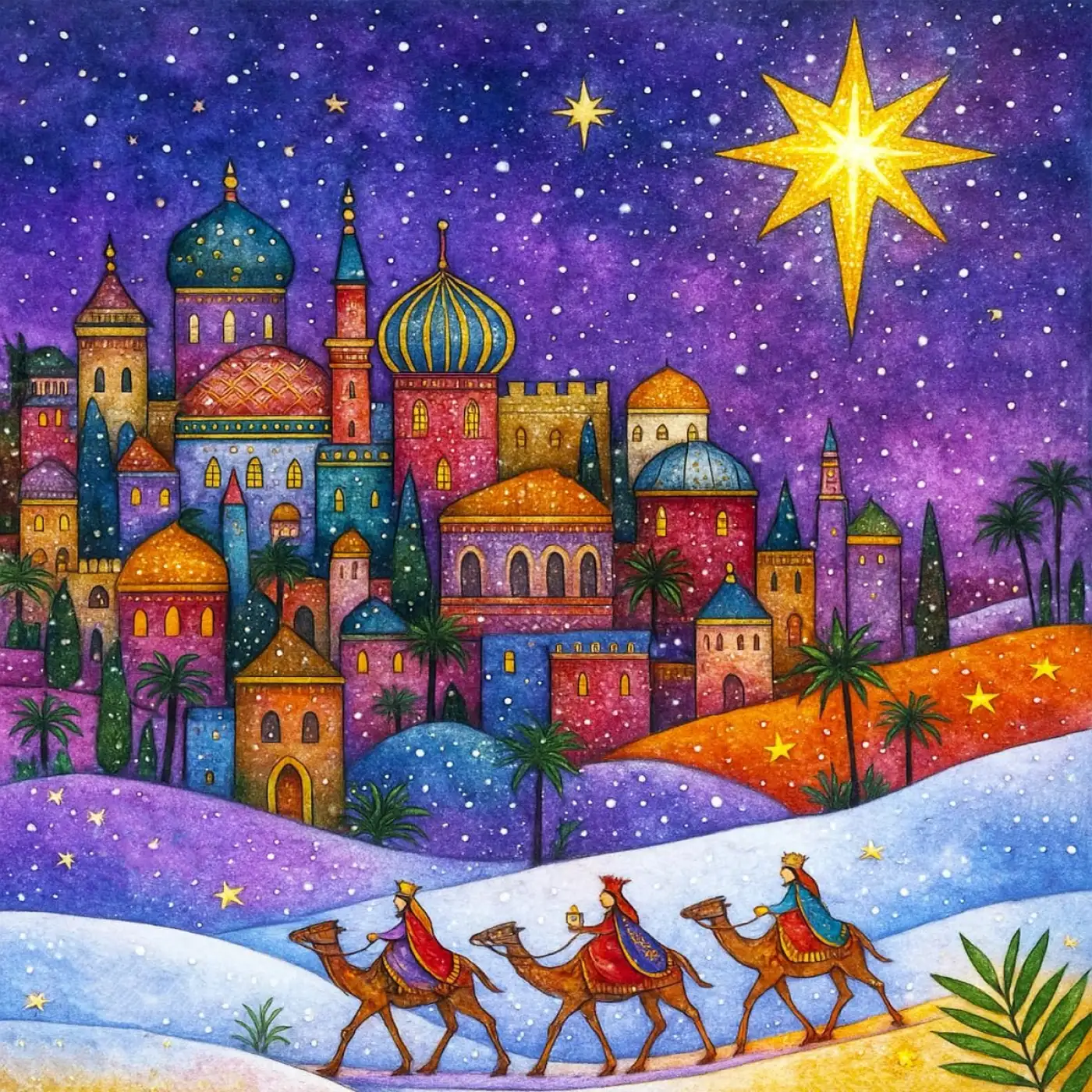 Bethlehem at night Christmas card watercolour with vibrant colours