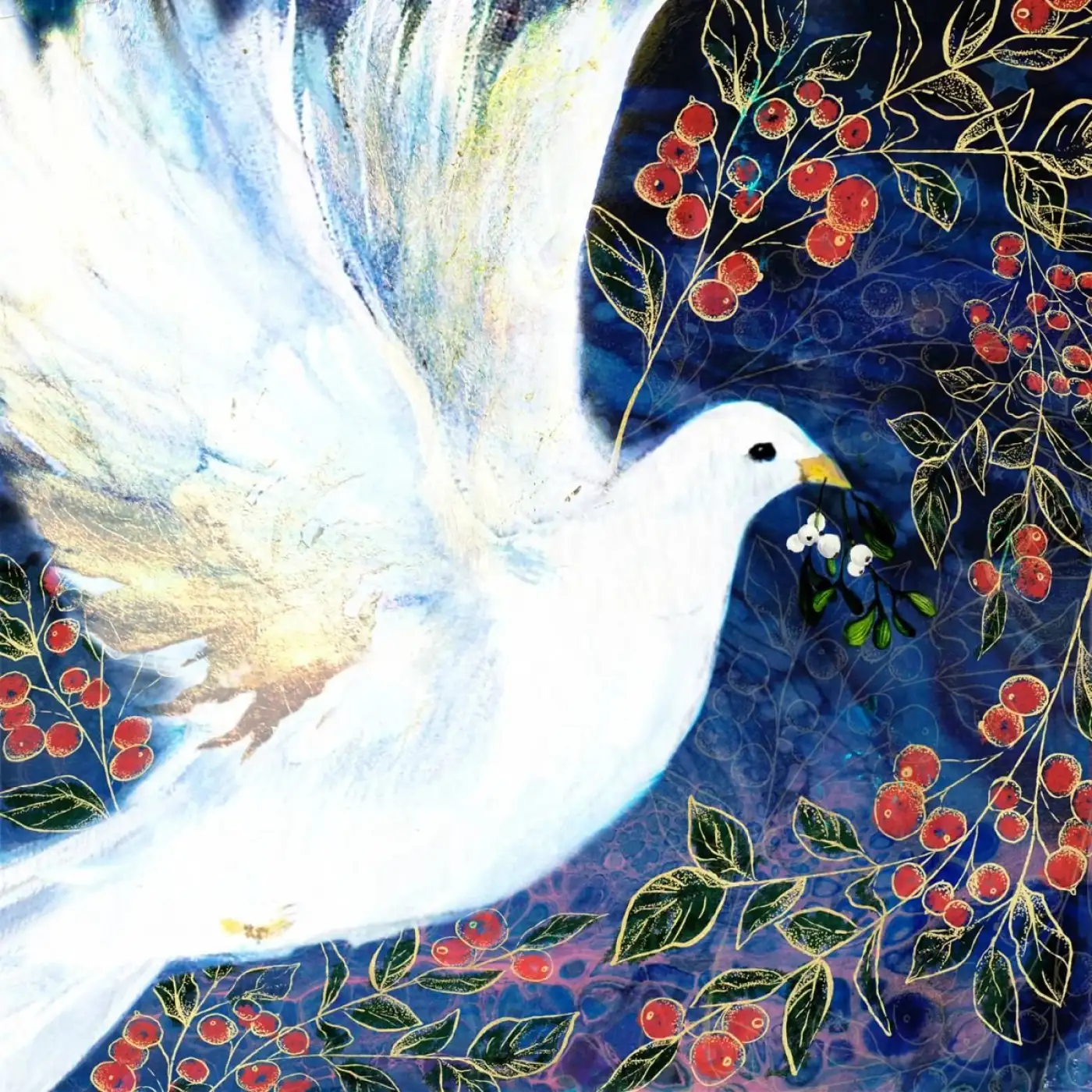 White, soft looking dove on a dark blue background, with red berries and green leaves, and refined gold detailing
