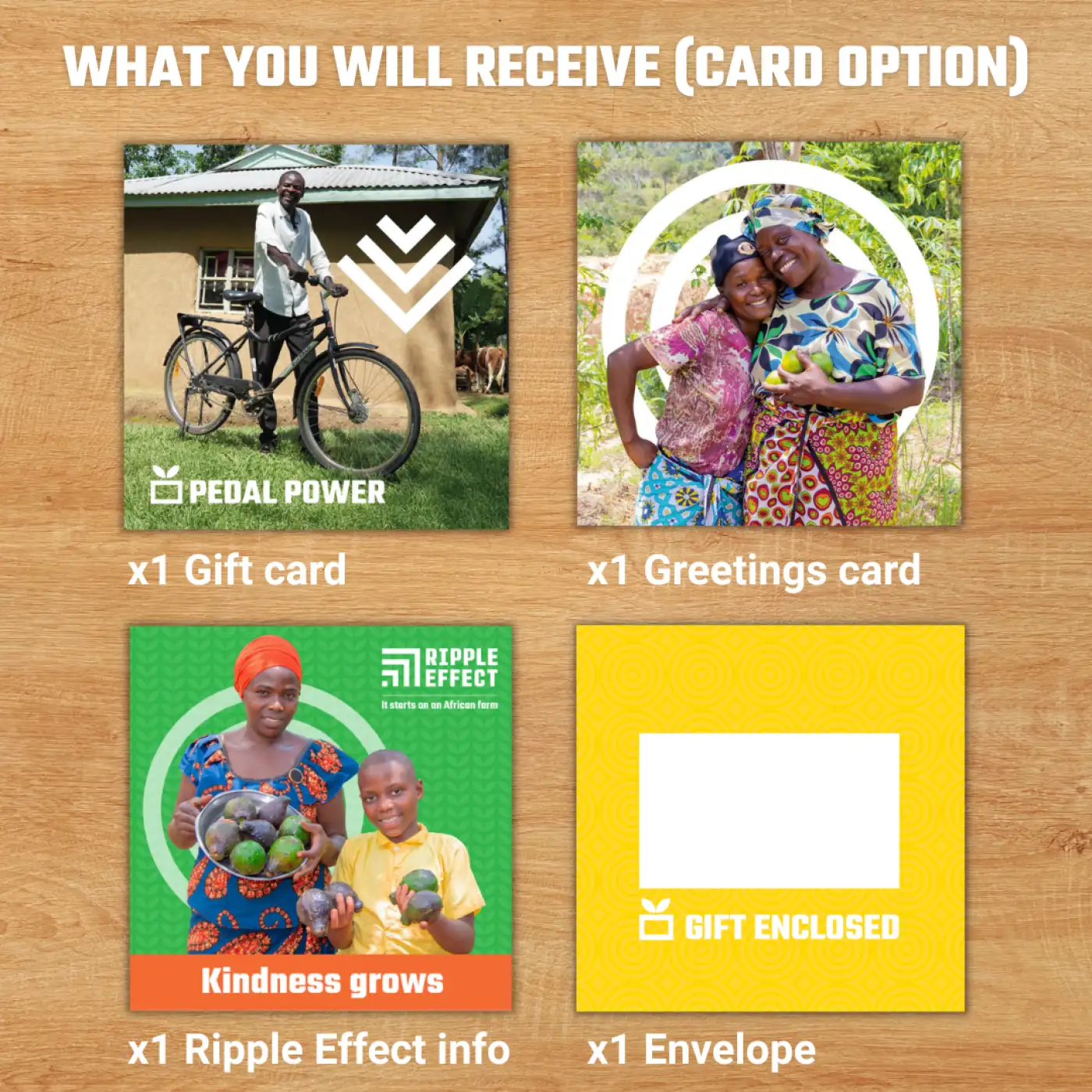 Flat lay of the pedal power charity gift pack