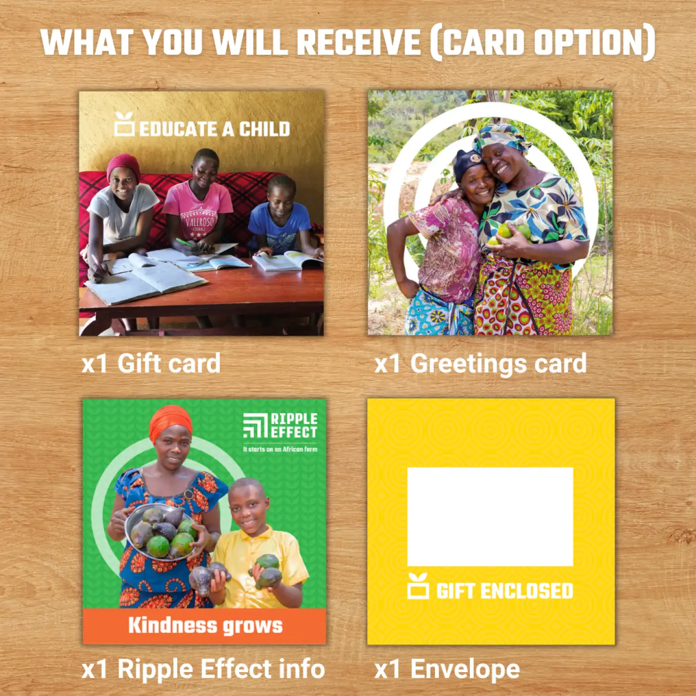Flat lay of the child education charity gift pack