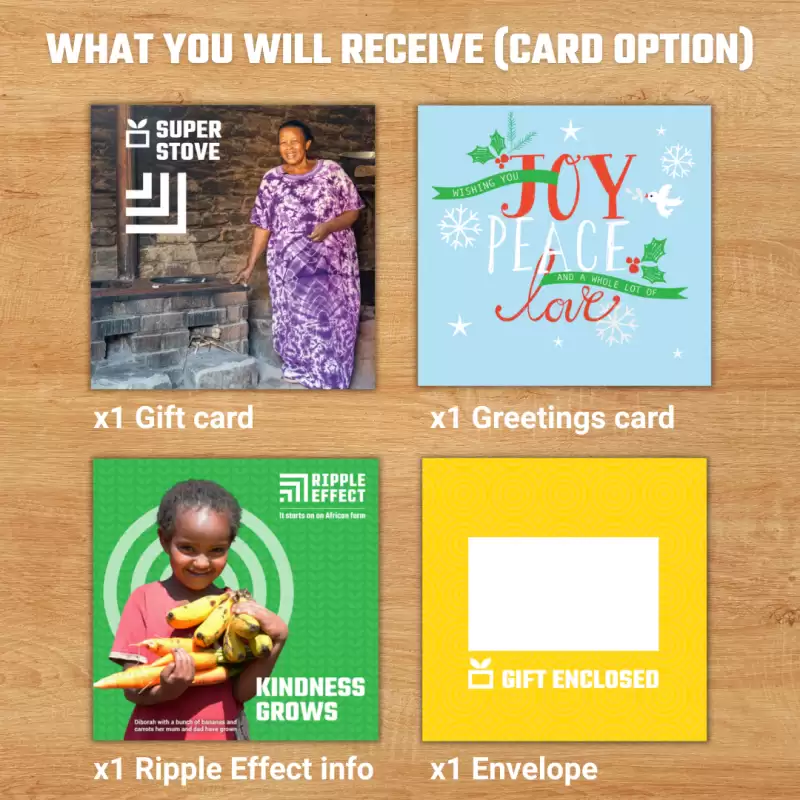 Flat lay of the Super Stove charity gift pack