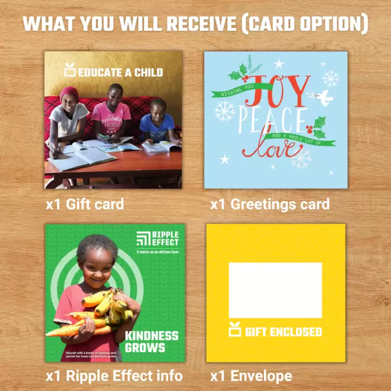 Flat lay of the child education charity gift pack