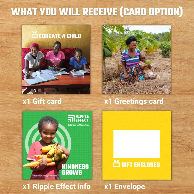 Flat lay of the child education charity gift pack