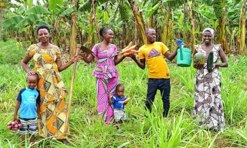 Farmers stood in line passing objects to each other