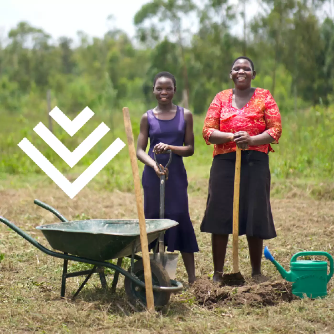 Two Ripple Effect farmers standing with gardening tools